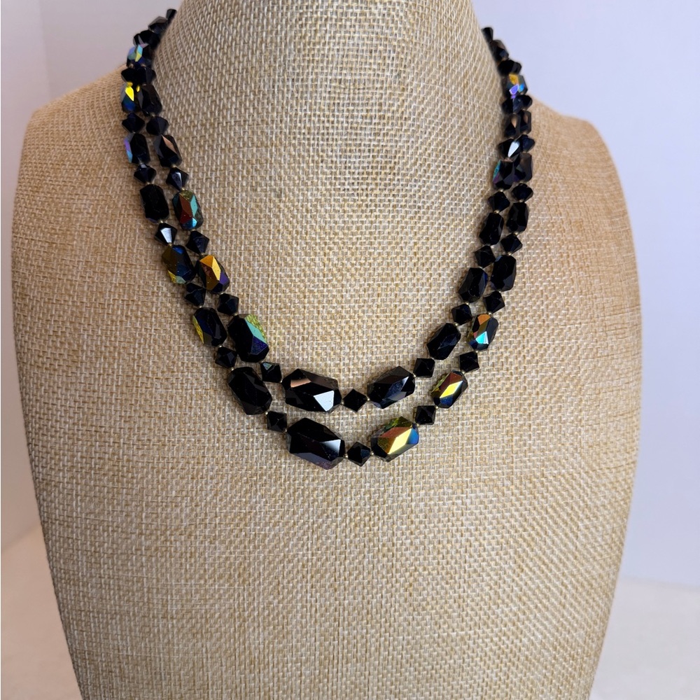 Elegant Black Aurora Borealis Double Strand Beaded Necklace
